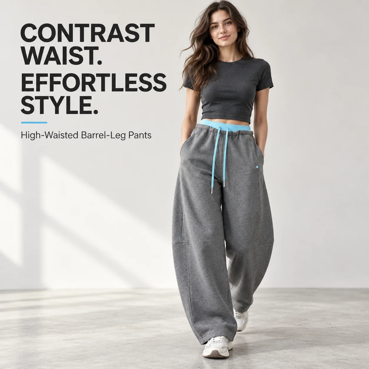 Women's High Waist Barrel Leg Pants Contrast Waistband Drawstring Loose Wide Leg Trousers with Pockets Casual Autumn