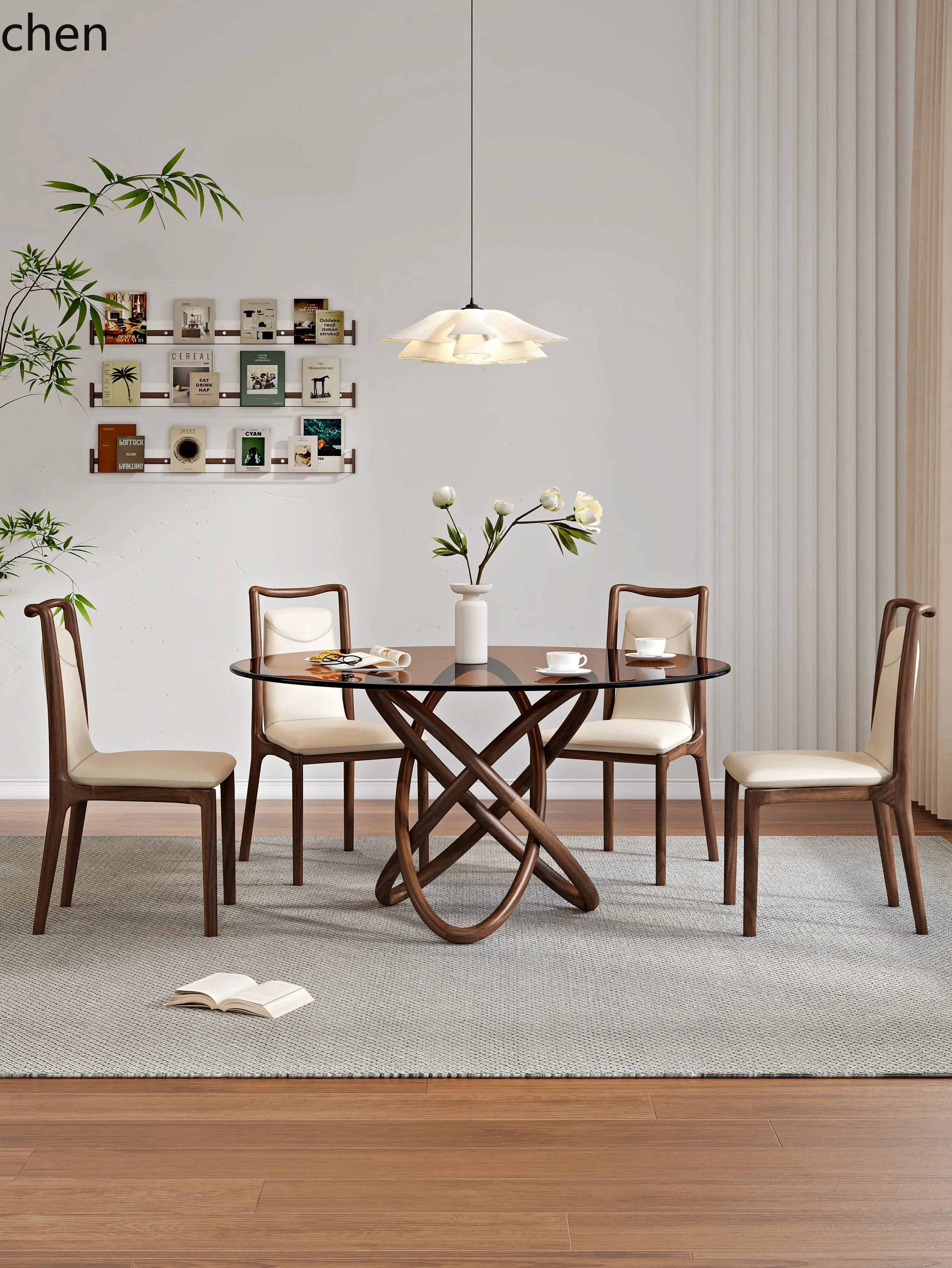 W5.19 Solid Wood Household Glass Dining Table and Chair Set with Rotating Dining Table