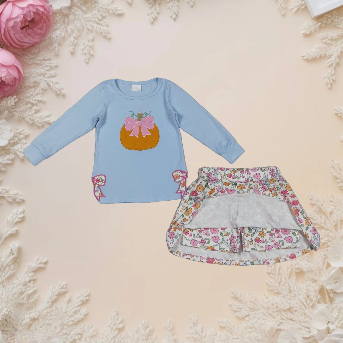 

Hot Sale Fall Baby Girl Outfit Cute Embroidery Pumpkin Long Sleeve Top & Floral Skirt Toddler Kids Fashion Holiday Party Clothes