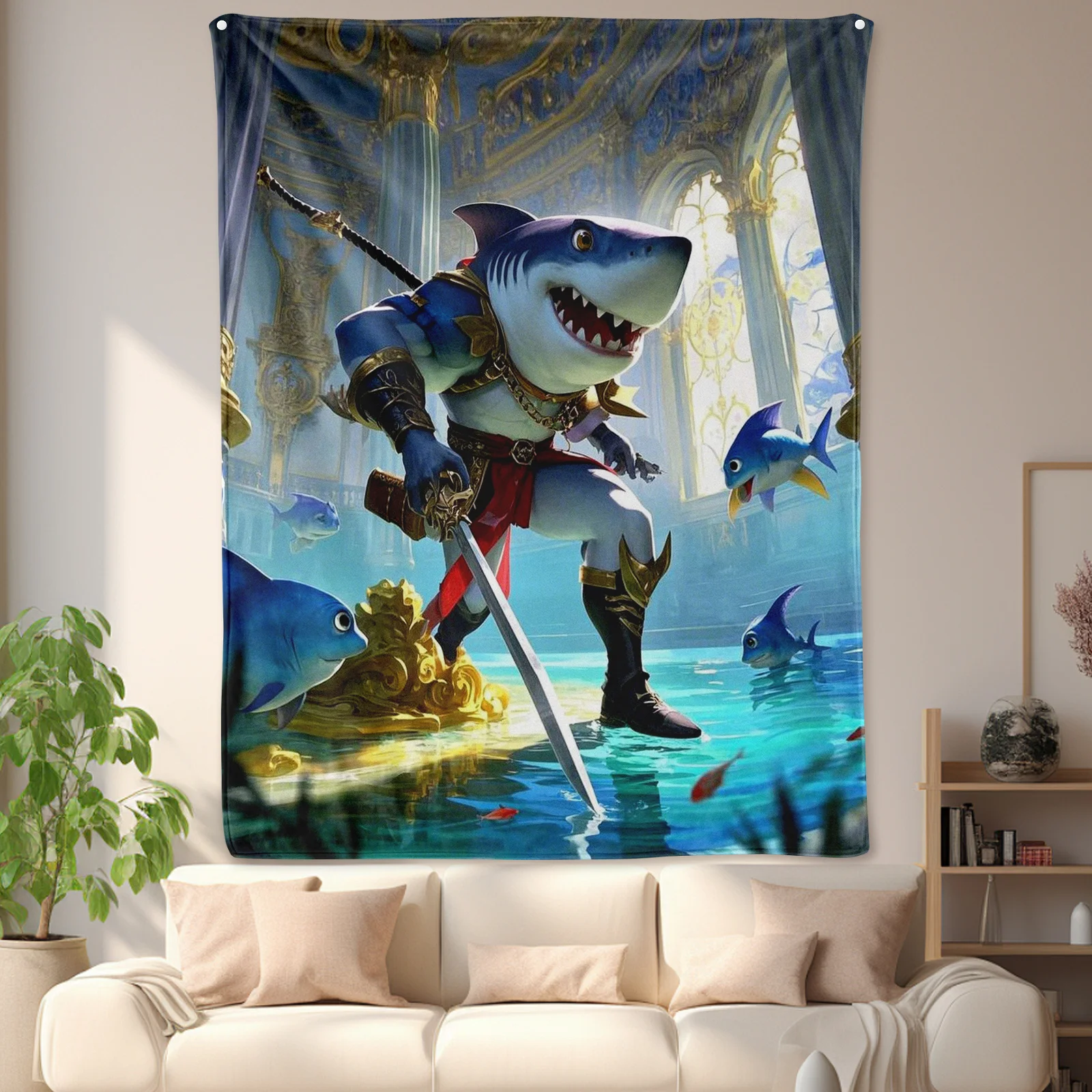 Royal Shark Blanket With Guard Inspired Design And Fantasy Elements For A Regal And Imaginative Home Decor Theme