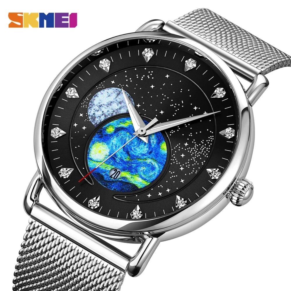 SKMEI Starry Universe Quartz Watch Men Creative Dial Wristwatch Waterproof Calendar Business Clock Original Design 2 Straps 9283