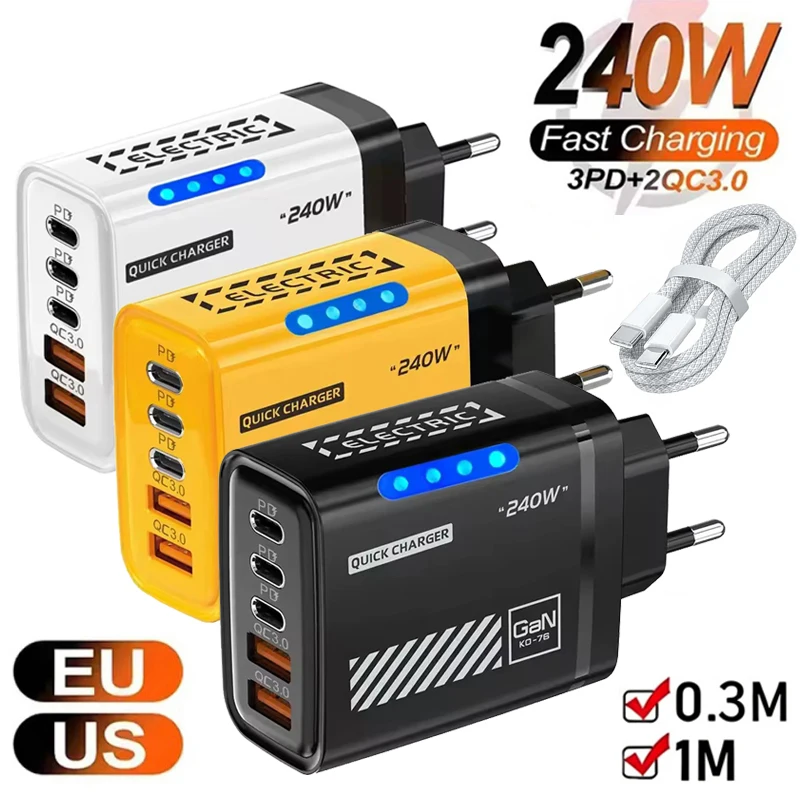 Carregador de Mesa GaN 5 em 1 para iPhone 17 16 Pro, Laptop Samsung, Adaptador de Carregamento Rápido 240W, Cabo USB-C para Tipo-C, Carregador 3PD 2USB