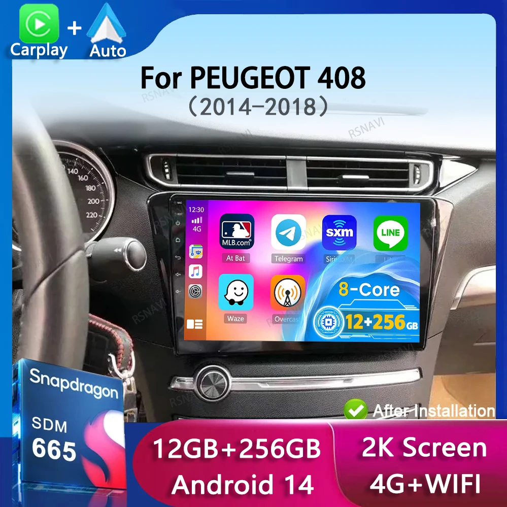 Android 14 Carplay Auto Car Radio For PEUGEOT 408 2014-2018 5GWifi+4G Multimedia Video Player GPS Stereo Head Unit No 2din DVD