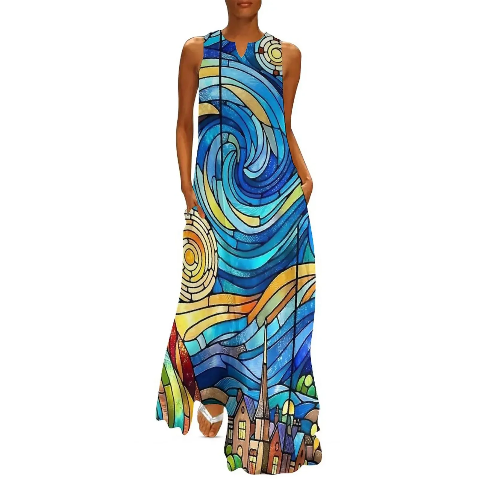 Las Vegas Sternennachtkleid Vintage Maxikleid V-Ausschnitt Benutzerdefinierte lässige lange Kleider Street Wear Vestido Elegantes Party-Damenkleid