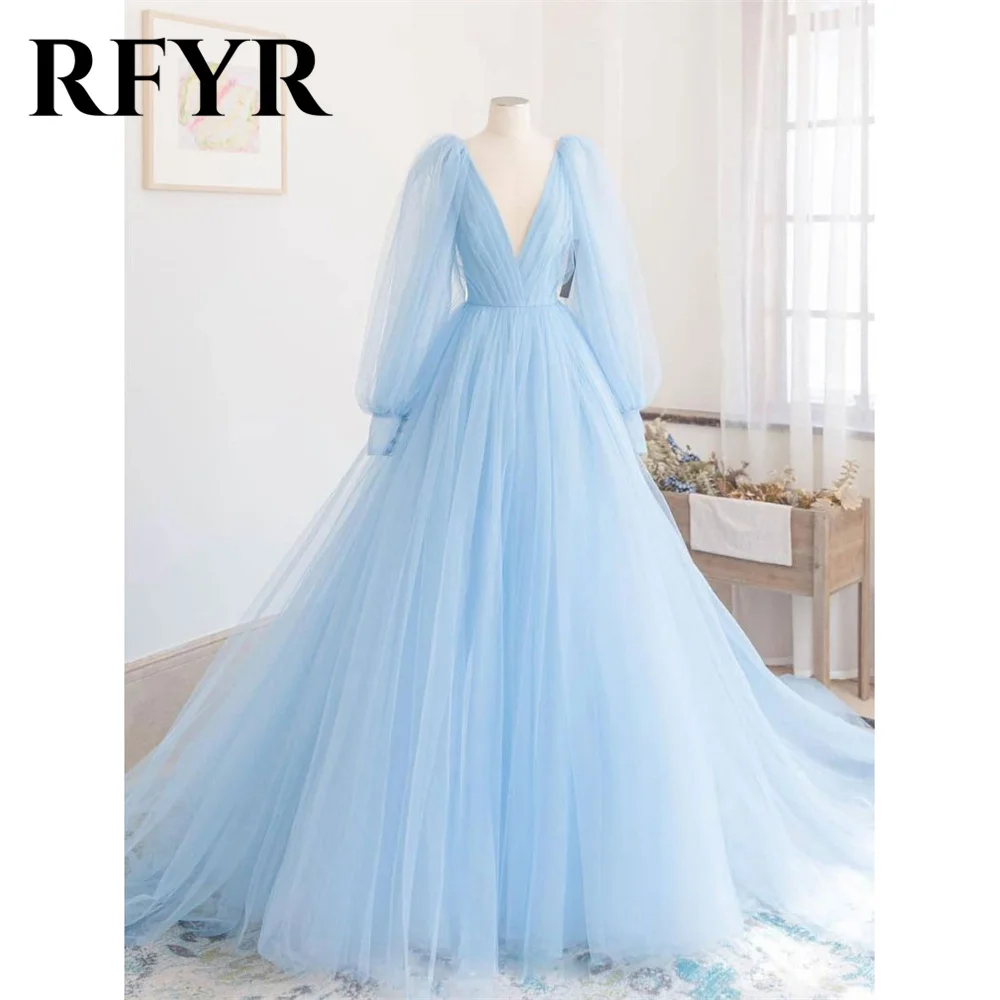 

RFYR Elegant Light Sky Blue Prom Dresses Fluffy Tulle Long Pleats Ball Gown A-Line V-Neck فستان سهرة Long Sleeves Evening Gowns