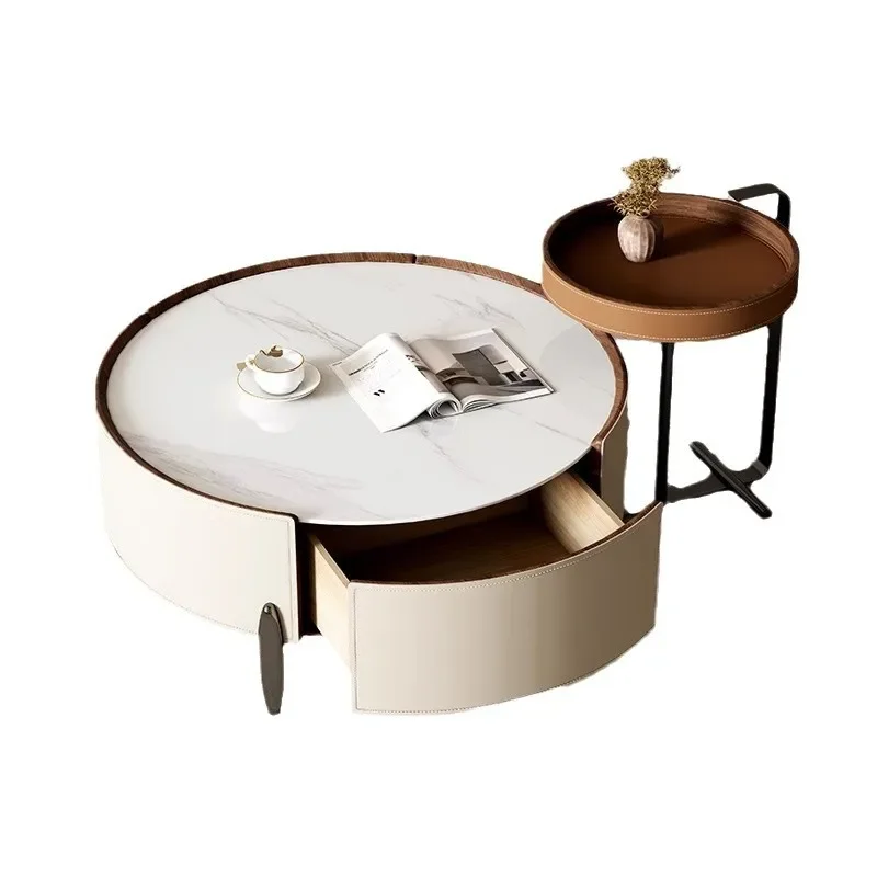 طاولة قهوة إيطالية مستديرة من البلاط الصخري مزيج بسيط من الجلد الصلب والخشب الصلب