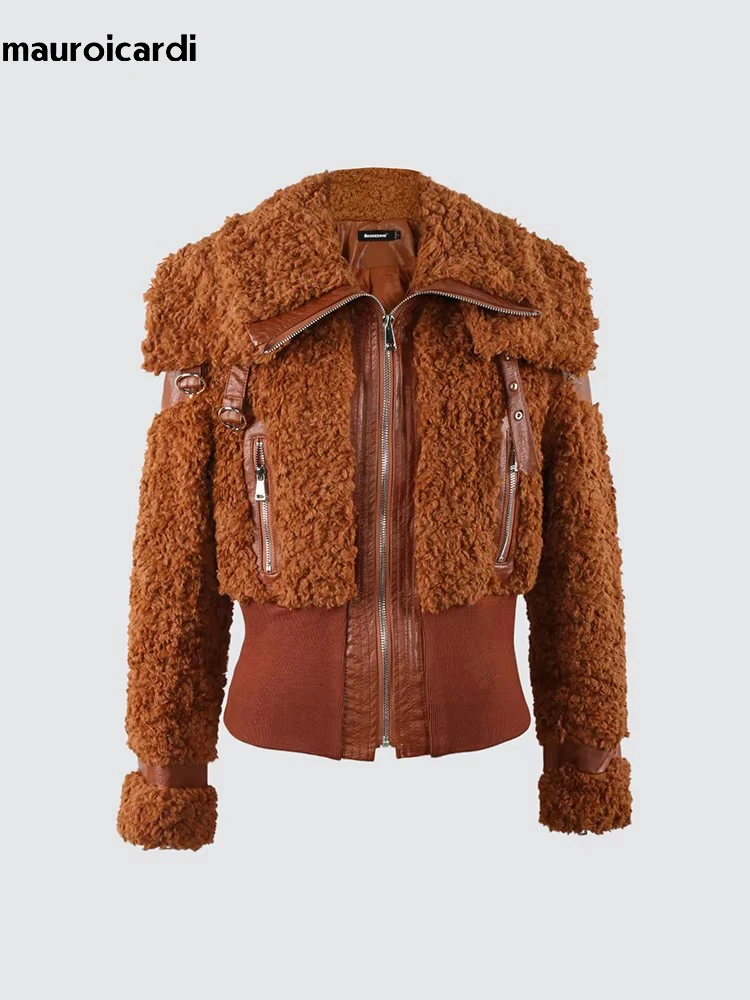 Mauroicardi Spring Winter Cool Thick Warm Fuzzy Fluffy Brown Faux Fur Coat Women Zip Up Luxury Designer European Clothes 2024