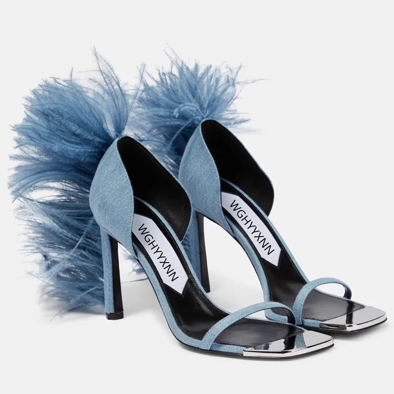 

Thin high-heeled sandals summer new bag heel feather metal square toe single shoes banquet dress large size women's shoes
