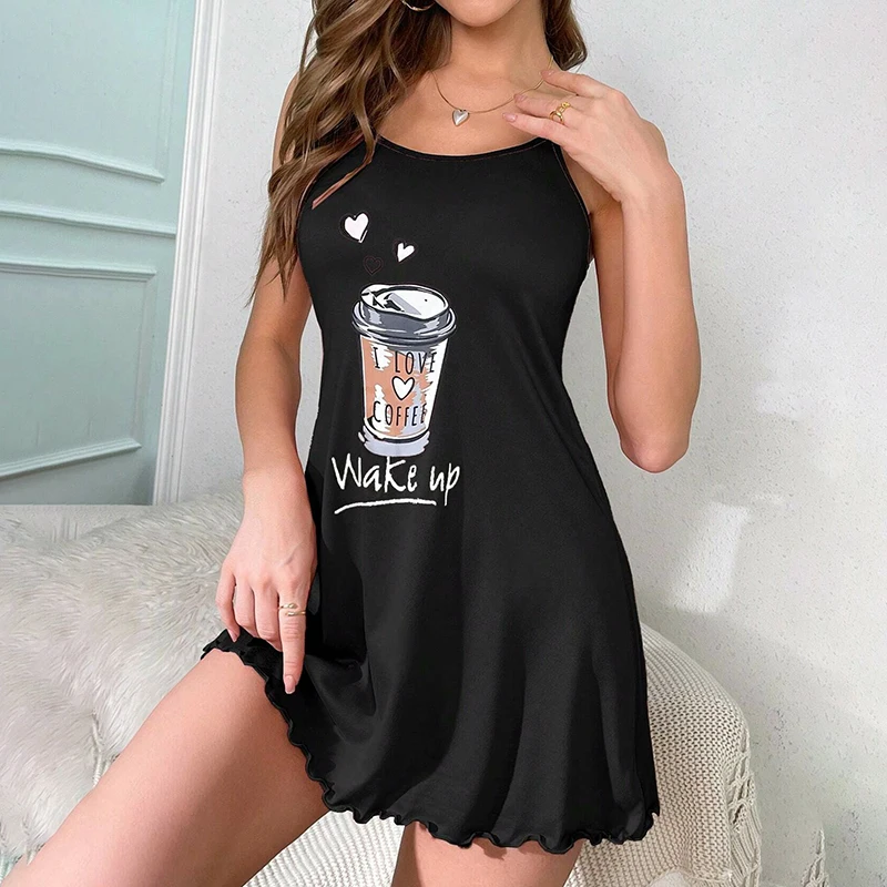 

Ladies summer sleepwear printed pure cotton suspender one piece sleepwear dress casual and comfortable home wear nightgown dress