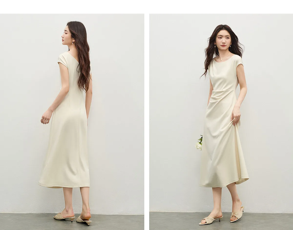 SENTUBILA Schwarzes Minimalistisches A-Linien-Kleid mit Kurzen Ärmeln für Damen 2026 Sommer Elegantes Boot-Ausschnitt Gerafftes Kleid mit Schmaler Taille 162LI5946 – Detail 25