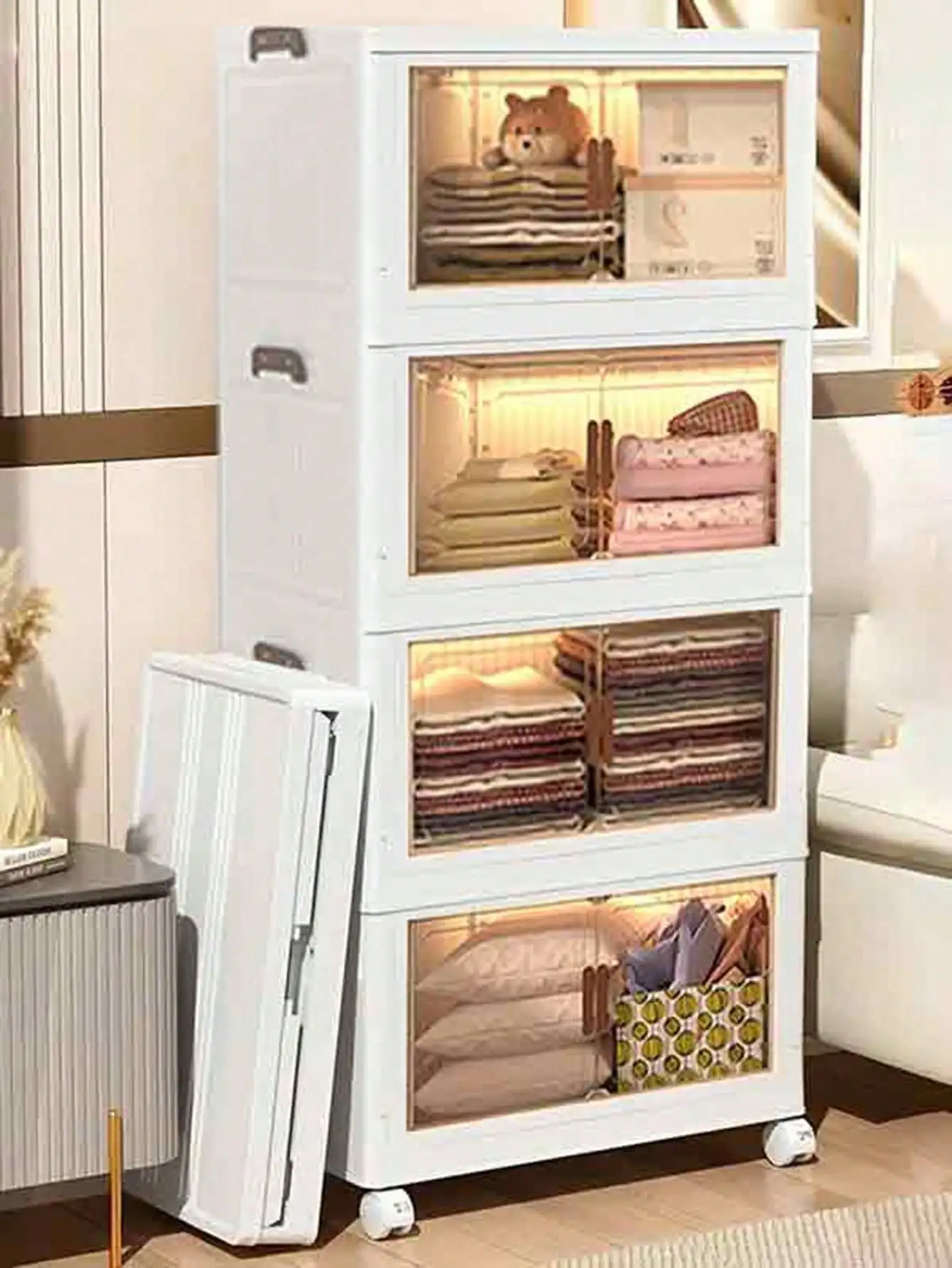 

5-слойный сверхбольшой шкаф для хранения, многоярусный складной контейнер для хранения с дверцами, штабелируемые контейнеры для хранения обуви и мелочей.