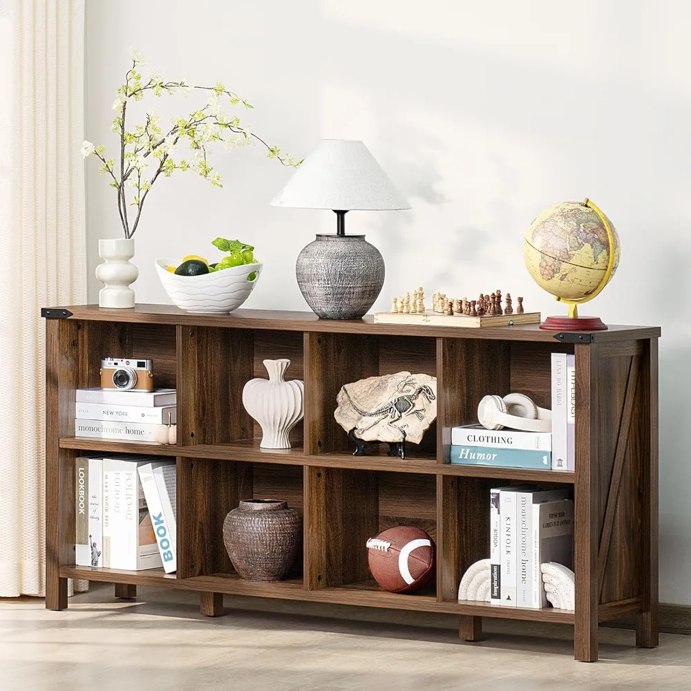 Farmhouse Madeira Longo Armazenamento Organizador Estante, Walnut Console Closet, Horizontal Estante, Brown Estantes, 8 Cube Book Shelf, 62"