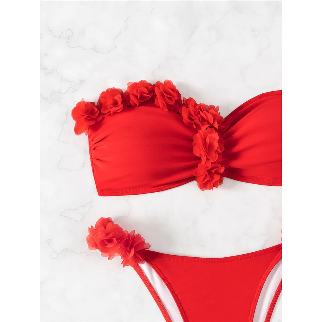 XS - L 3D-Blumen-Bandeau-Bikini mit hohem Beinausschnitt, Damen-Badebekleidung, zweiteiliger Bikini-Set, Badeanzug, Badebekleidung, Schwimmbikini V5961 – Detail 12