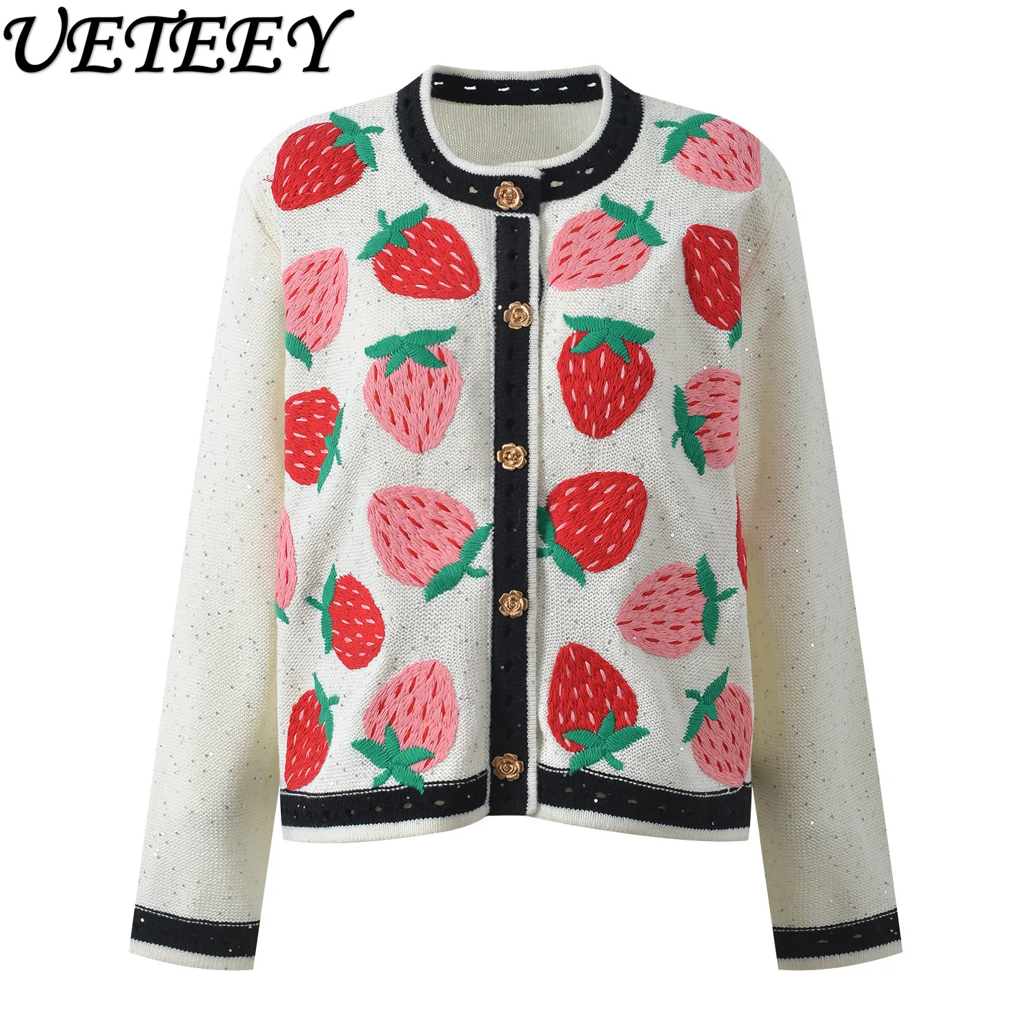 

2025 Autumn Winter New Design Embroidery Color-Block Round Neck Sweater Fashion Age-Reducing Versatile Knitted Cardigan Jacket