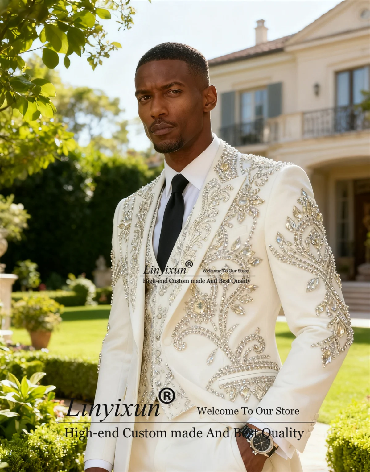 

Мужские костюмы с блестящим орнаментом и драгоценными камнями, приталенные свадебные смокинги по индивидуальному заказу, комплекты из 3 предметов, мужские пиджаки для жениха, костюм для вечеринки с пиковыми лацканами, Homme