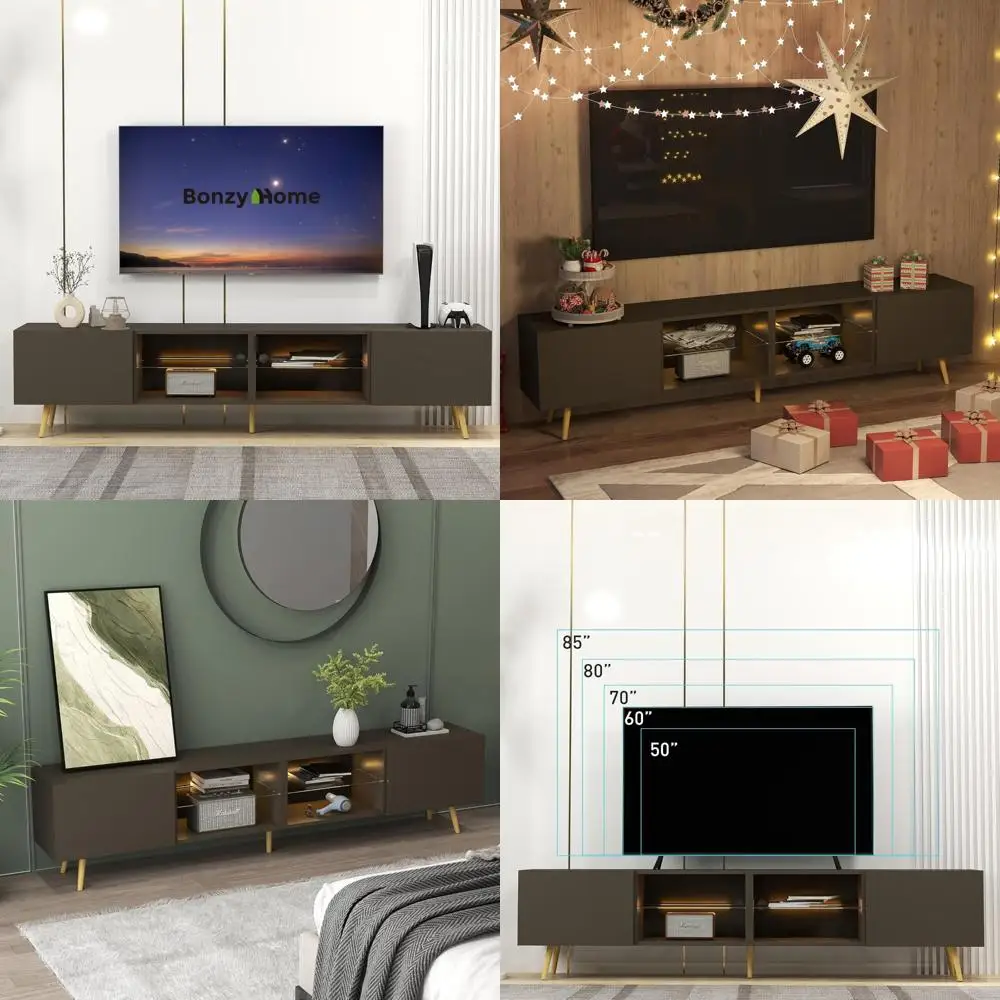 مركز ترفيهي حديث لـ 75 تلفزيونًا، حامل تلفزيون لغرفة المعيشة مع خزائن تخزين، طاولة وحدة تحكم تلفزيون بتصميم أنيق
