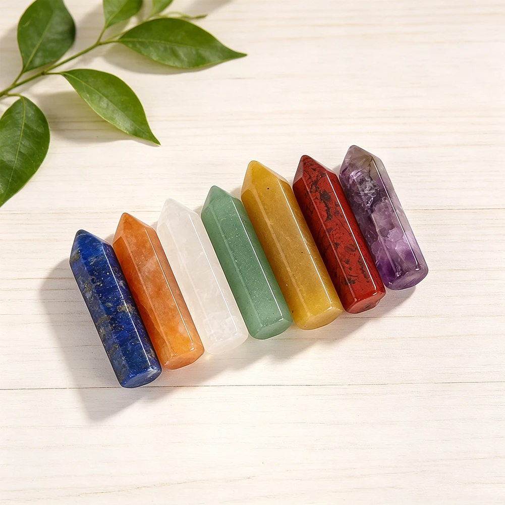 7 Chakra Kristallstein-Set mit Holzbox, Doppelspitzenstab, Trommelstein-Armband, Pendel, Yoga-Meditation, Heilkristall-Geschenk – Detail 5