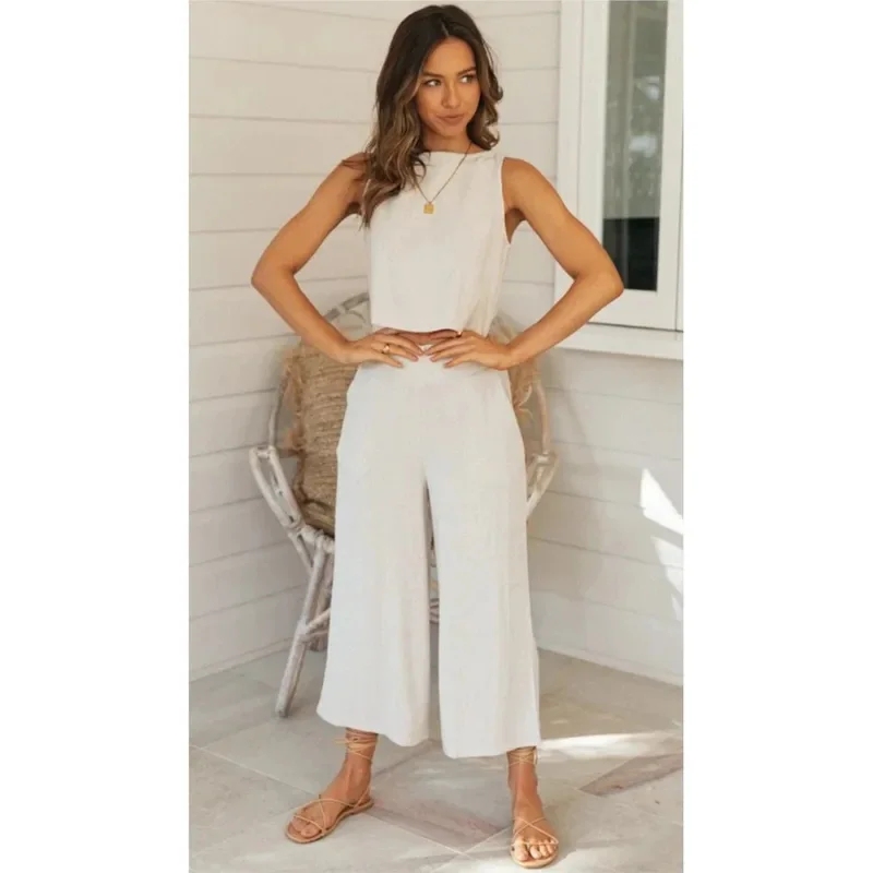 2025 модная женская однотонная верхняя рубашка, комплект из 2 предметов, новый летний элегантный повседневный брючный костюм без рукавов с круглым вырезом FemalBear House 002