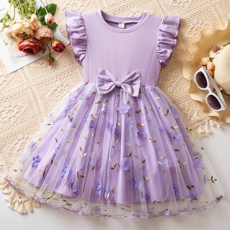 2026 Summer New Arrival Girls' Dress, Korean Style Flower Embroidery Tulle Princess Dress with Flutter Sleeves & Bowknot