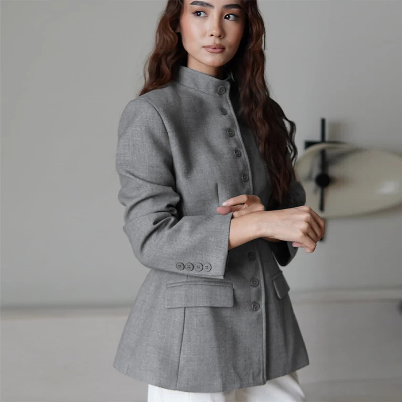 Damen-Blazer mit Stehkragen und Taillenbetonung, elegant, langärmelig, einreihig, schmal geschnitten, schicke Bürojacke – Detail 27