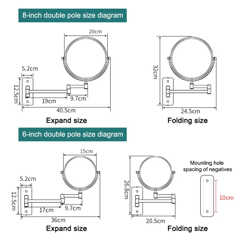 6/8 بوصة تلسكوبي أضعاف تكبير مرآة تجميل الحمام الحائط مرآة لوضع مساحيق التجميل على الوجهين تدوير مرآة لوضع مساحيق التجميل