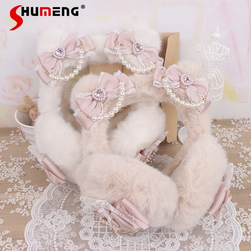 

Оригинальные плюшевые наушники ручной работы в стиле Лолиты, новинка зимы 2025 года, женские наушники с милым бантом и кружевной жемчужной цепочкой Y2K