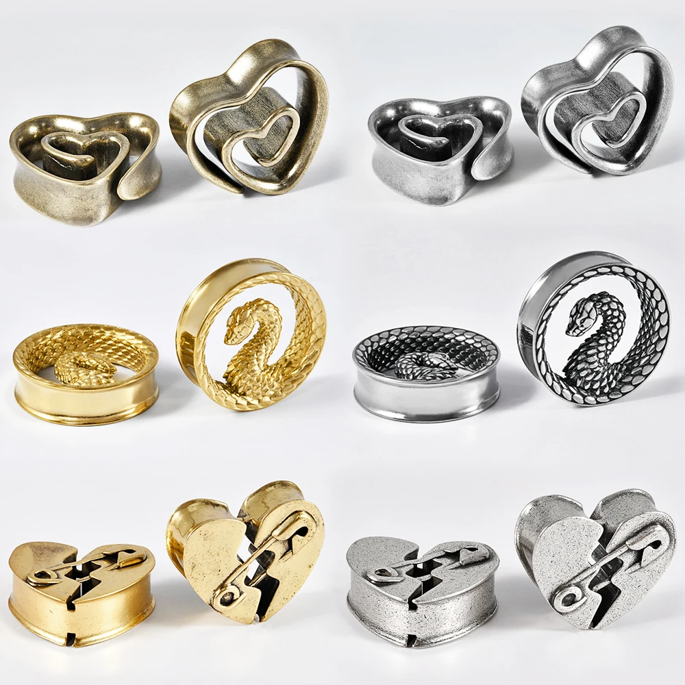 1PC Stainless Steel Snake/Heart Double Flare Ear Tunnels Plugs Expander Stretcher Gauges Earrings Piercing