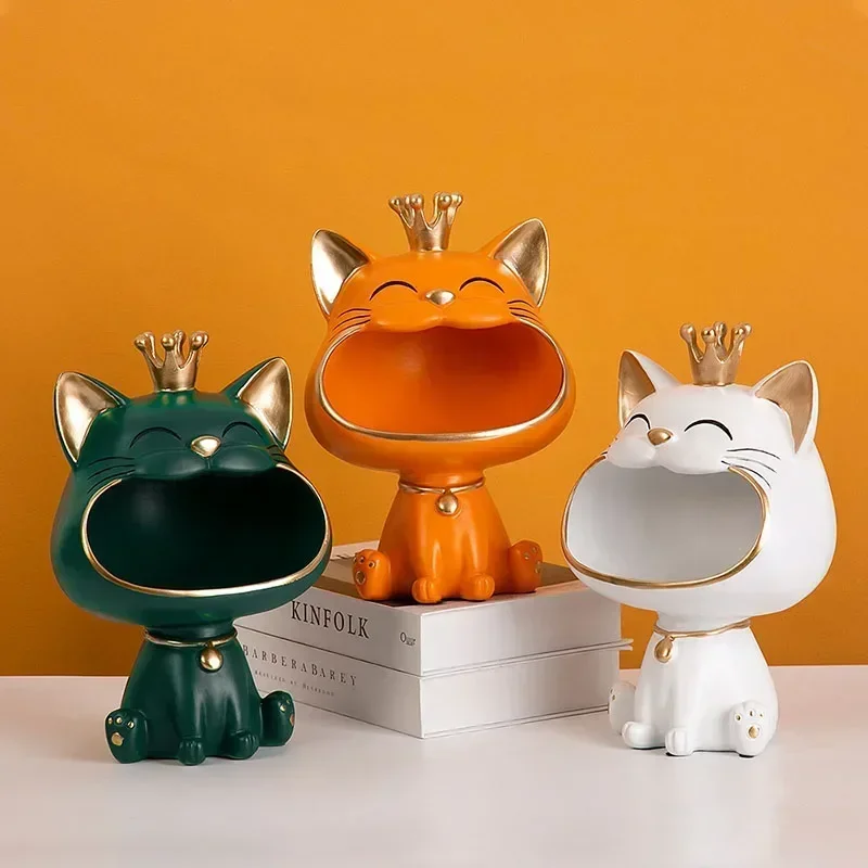 Resin Crown Lucky Cat Big Mouth Storage Figurines Home Office Living Room Desktop Entrance Container Collection Items