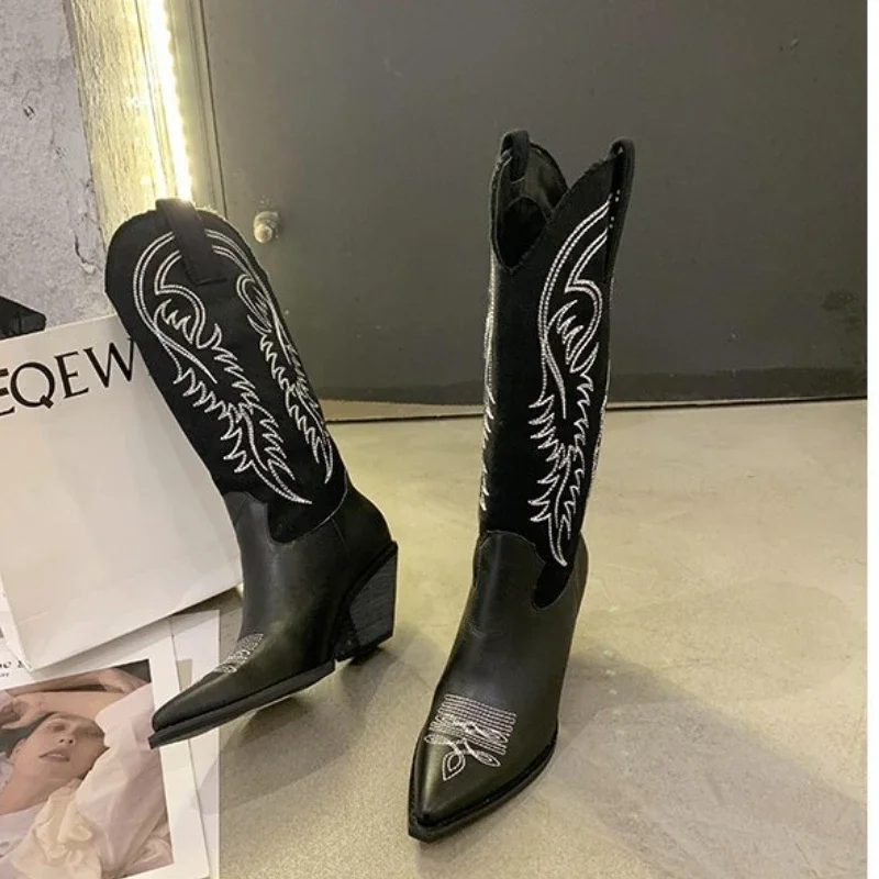 

Women's Embroidered Western Mid Calf Boots New Trend Wedge Heels Winter Shoes for Women Pointed Toe Platform Boots Women Shoes