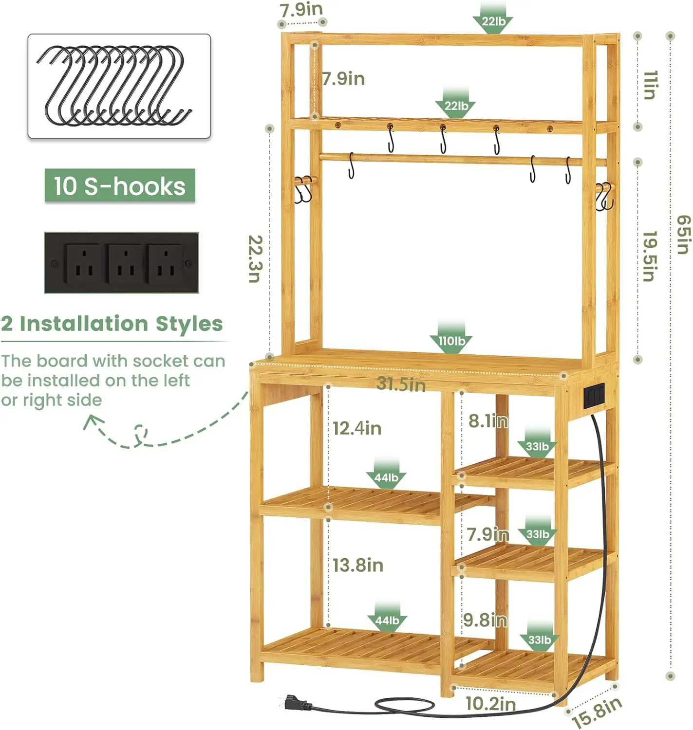 Bakers Rack with Power Outlets, 8-Tier Microwave Stand, Kitchen Utility Storage Shelf 10 S-Shaped Hooks Coffee Bar Table Station