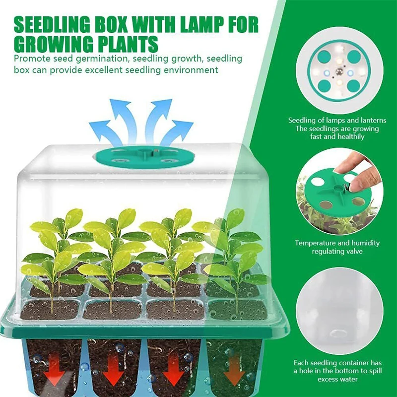 Garden Seedling Box, Greenhouse Planting, 12 Holes Plant Lights, Propagator with Adjustable Humidity, Germination Kits, 5 Sets