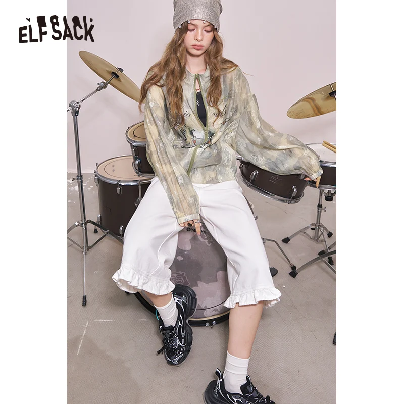 ELFSACK 2025 Summer New Arrival Cool Original Printed Camouflage Thin Sheer Jacket Sweet Cool Casual Top For Woman
