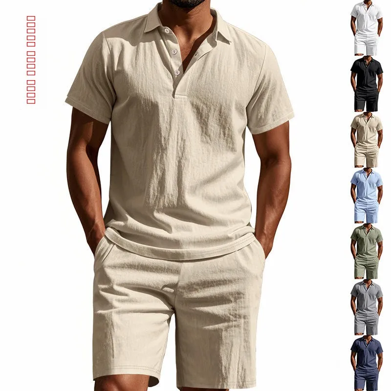 

Loose Men's Summer Casual Linen Shirt Short Beach Sleeve Short Pants Set Breathable Comfortable American Style