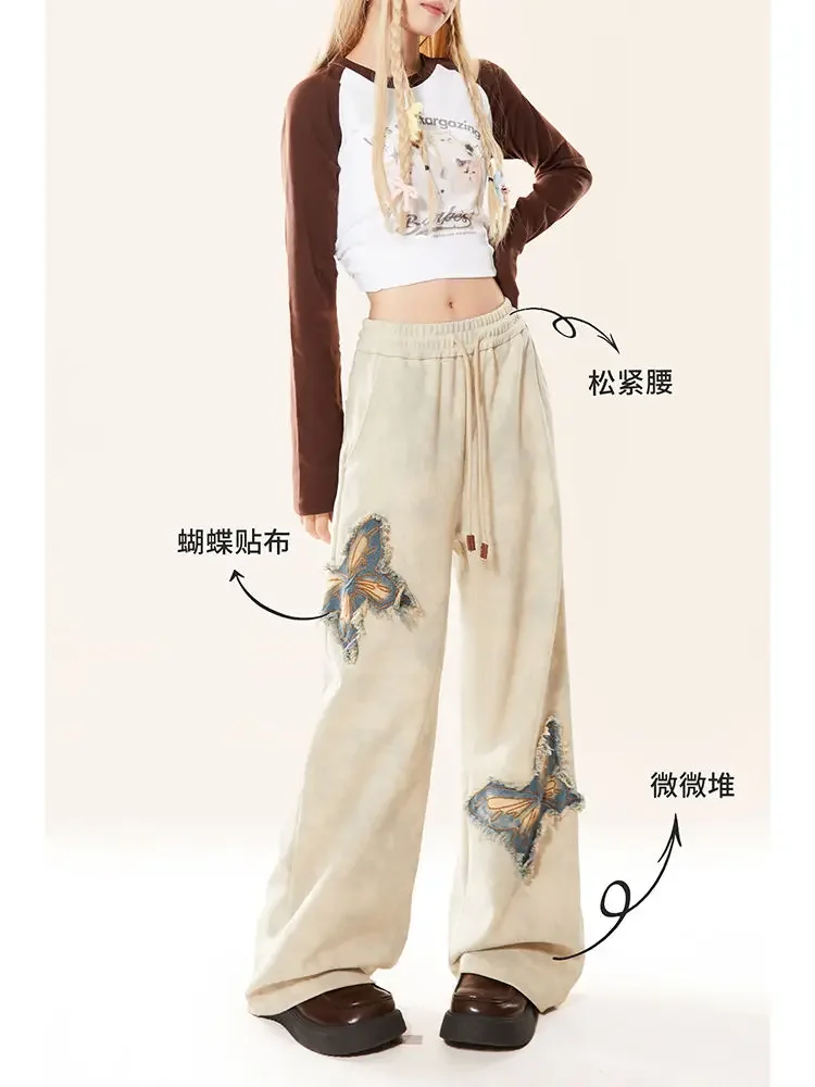 Butterfly Fringed Embroidered Patch Sweatpants Women Autumn Winter Design High Waisted Straight Leg Slimming Loose Casual Pants
