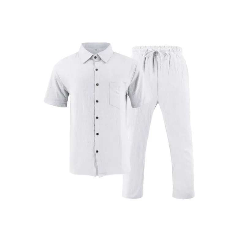 2025 Мужская повседневная рубашка на пуговицах и длинные брюки, комплект из 2 предметов, летняя пляжная одежда, удобный наряд