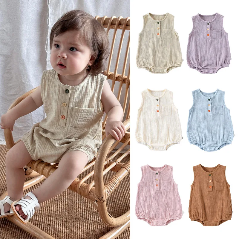 

Summer Solid Newborn Baby 100% Cotton Linen Bodysuits Boy Girl Sleeveless Romper Jumpsuit Soft Skin-friendly Thin Comfy