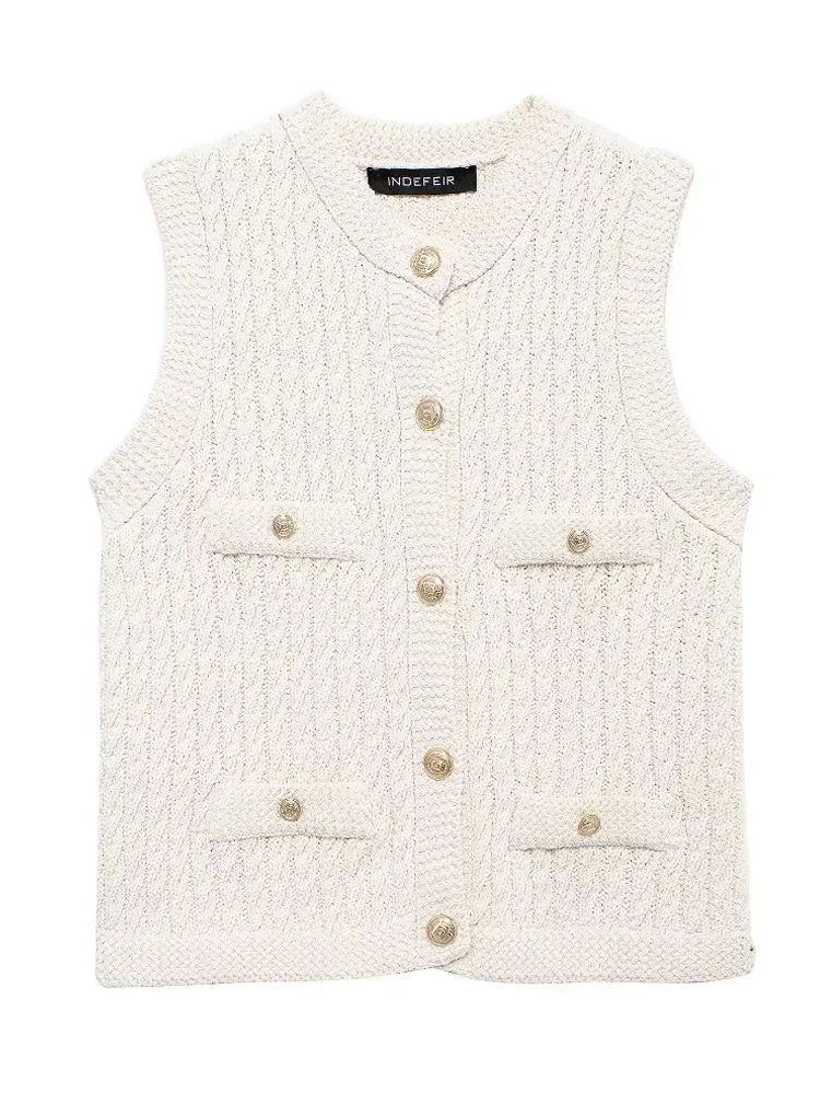 

KAOPU ZA Women cable-knit cropped vest top vintage o-neck sleeveless button-up female waistcoat chic tops