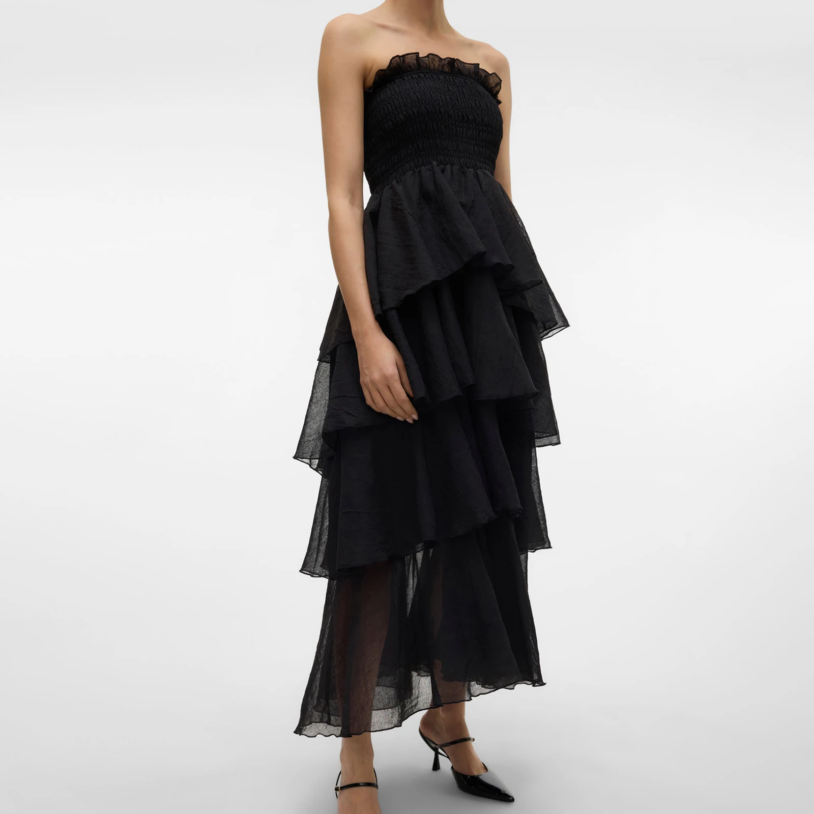 Combhasaki Abito lungo da donna elegante con volant increspato senza spalline a strati senza schienale a strati tinta unita estivo trasparente a trapezio