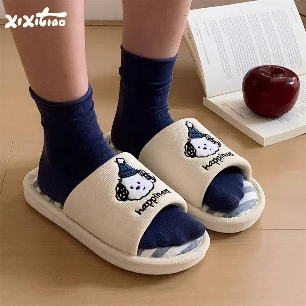 

Fun Hat Puppy Cotton Linen Slippers Lightweight Sweat Absorbent Couple Slippers Spring Summer Home Floor Shoes for Men & Women