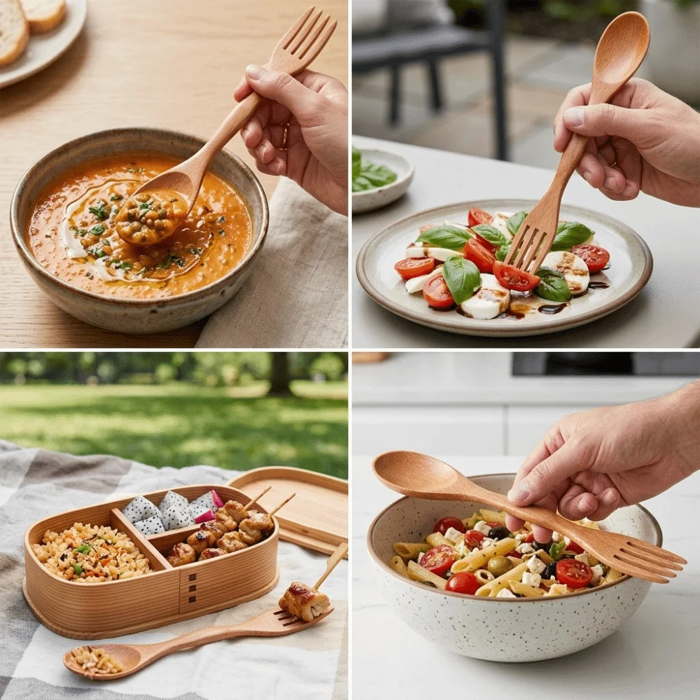 2Pcs Wooden Coffee Spoon Smooth Lightweight Integrated Fork Spoon with Texture Ergonomic Grip Salad Fork Outdoor Dining