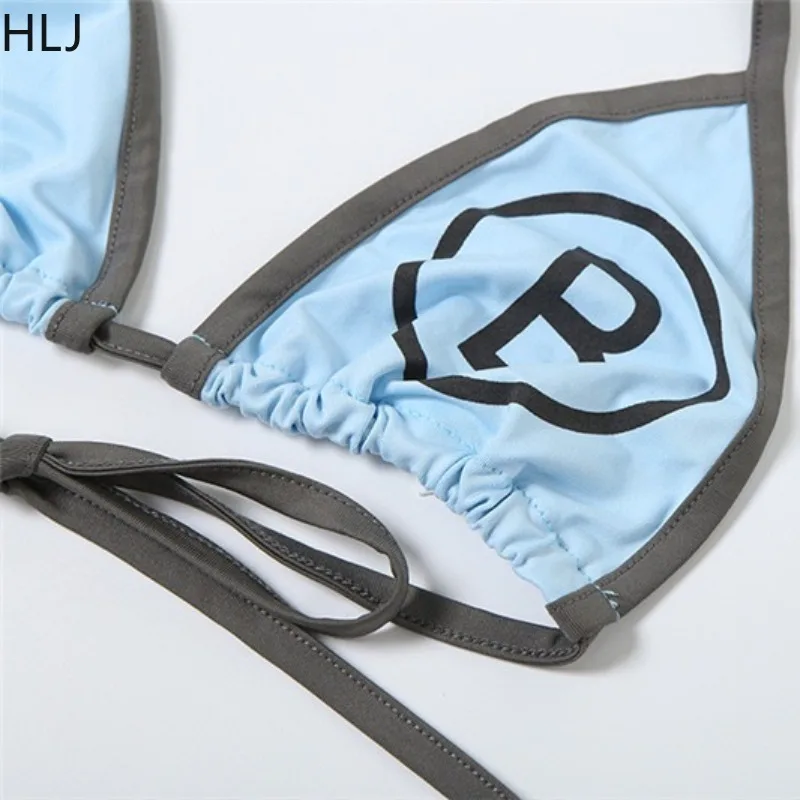 HLJ Sexy Letter Printed 3 Piece Bikini Set Women Backless Trend Bandage Bra + Thong + Skirt Matching Swimwear Female Clothing