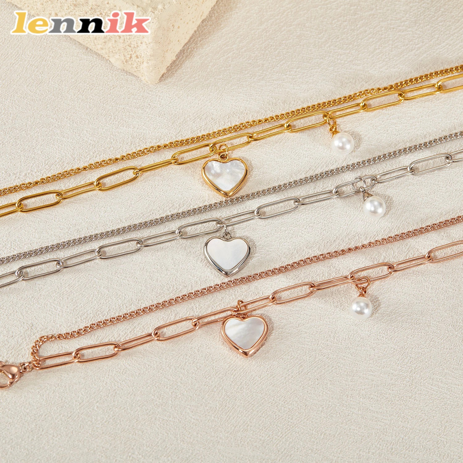 LENNIK Mode Nische Design Kalten Wind Persönlichkeit Doppel-schicht Temperament Vielseitig Pfirsich Herz Perle Edelstahl Armband