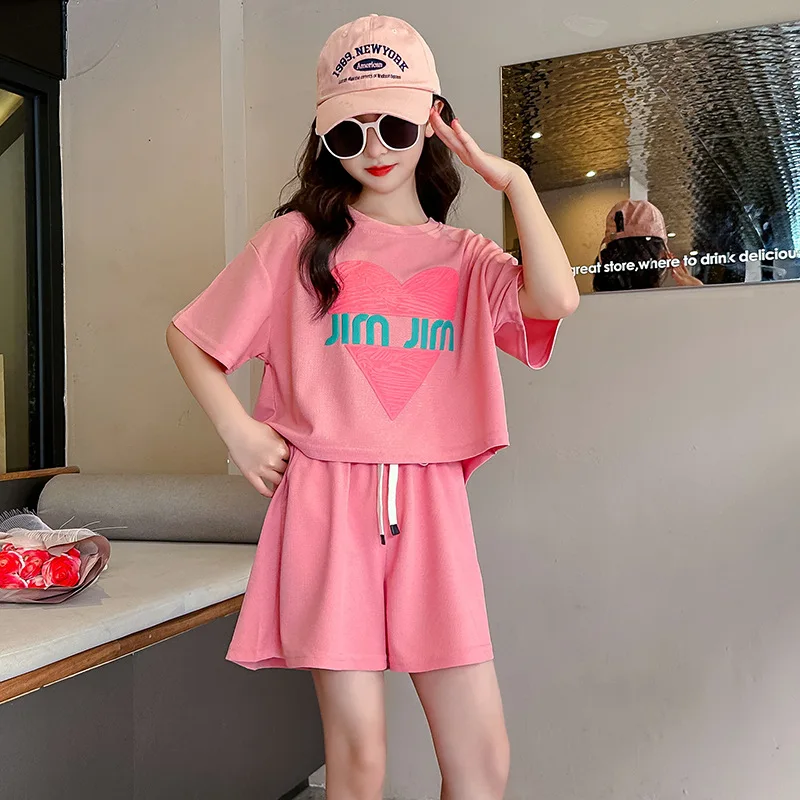 Kids Summer Suit for Girl Short Sleeve T-shirt + Loose Shorts 2pc Sets Girls Outfits Children Casual Clothing 6 8 10 12