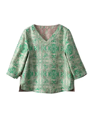 양면 착용 100 뽕나무 실크 노래 브로케이드 국가 스타일 탑 실크 자카드 새로운 중국 스타일 v 넥 루즈 블라우스