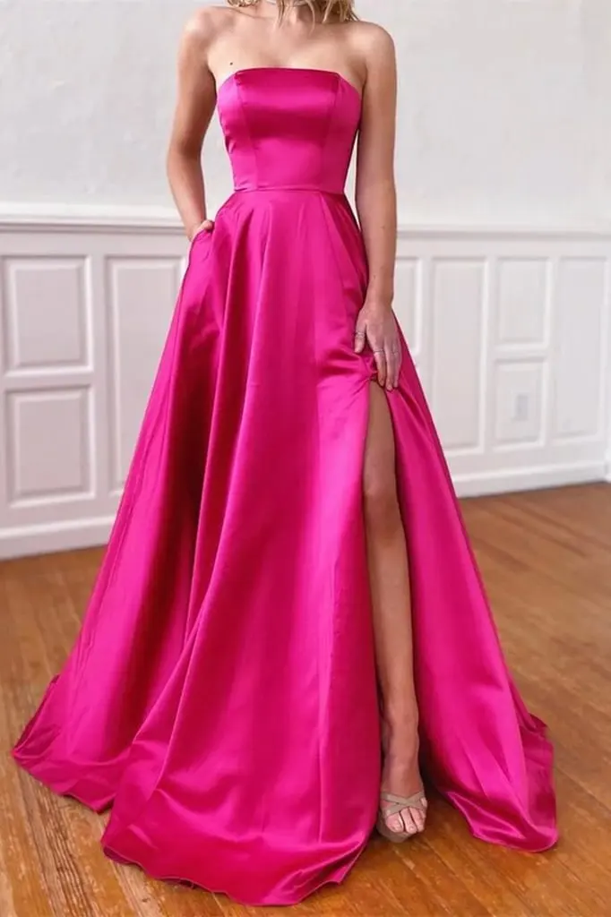 Strapless Prom Dress With Pockets Side Split Fuchsia Evening Gowns Formal Women Formal Party Dresses