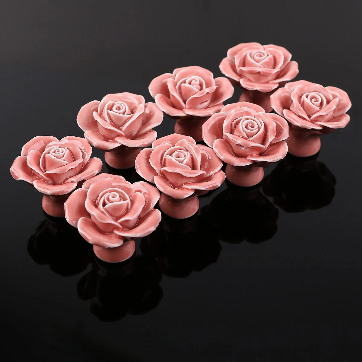 

8Pcs Ceramic Pull Knob Rose Style Handles for Cabinet Drawer Door Bin Wardrobe Pink 41x41x34mm Easy Install with Screw