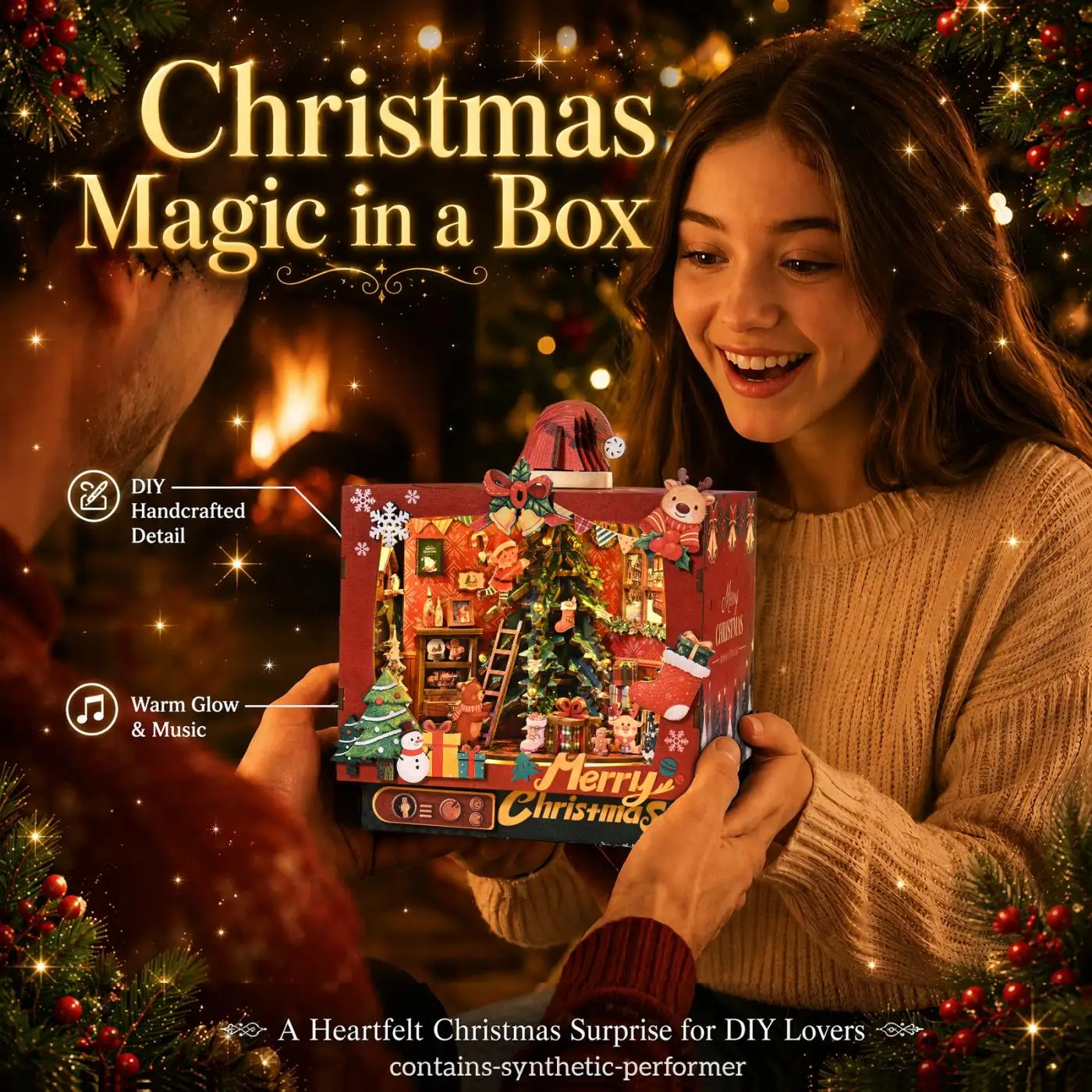 DIY Wooden Christmas Shop Bookshelf Triple-Layer Miniature Diorama Kit with LED Light 3D Puzzle for Teens Adult 14+ Holiday Gift