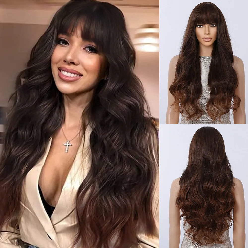 

European and American women's wigs Qi bangs gradual change black-brown rose mesh chemical fiber high temperature silk wig