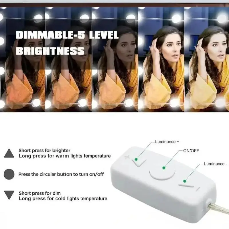 10 LED Vanity Mirror Lights Dimmable Makeup Bulb Kit Adjustable Brightness Color For Bedroom