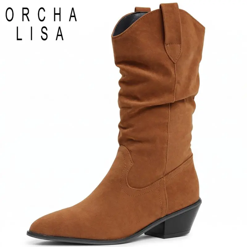 ORCHA LISA Black Women Half Leg Shoes Sharp Toe 5cm Sturdy Heel Pull On Folded Extended Size 43 44 45 46 47 48 49 50 Booties